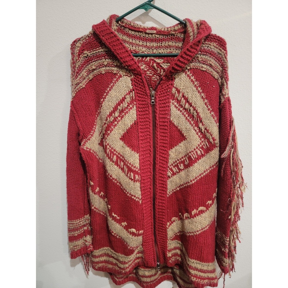 Free People Show Me The Way Fringe Zip Cardigan Hooded Red Brown‎ M/L